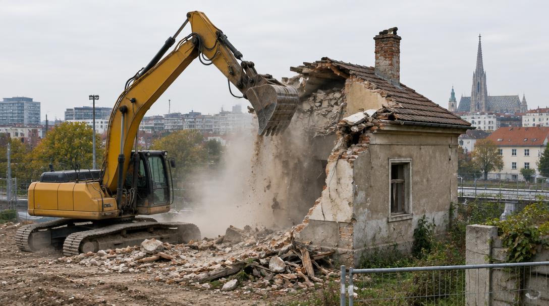 Bagger reißt ein altes kleines Gebäude am Wiener Stadtrand ab