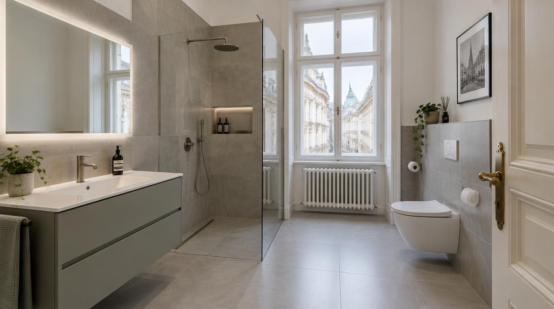 Renoviertes modernes Badezimmer mit bodenebener Dusche in einer Wiener Altbauwohnung