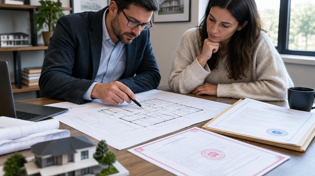 Architekt und Bauherrin besprechen Einreichpläne und Bescheide am Schreibtisch