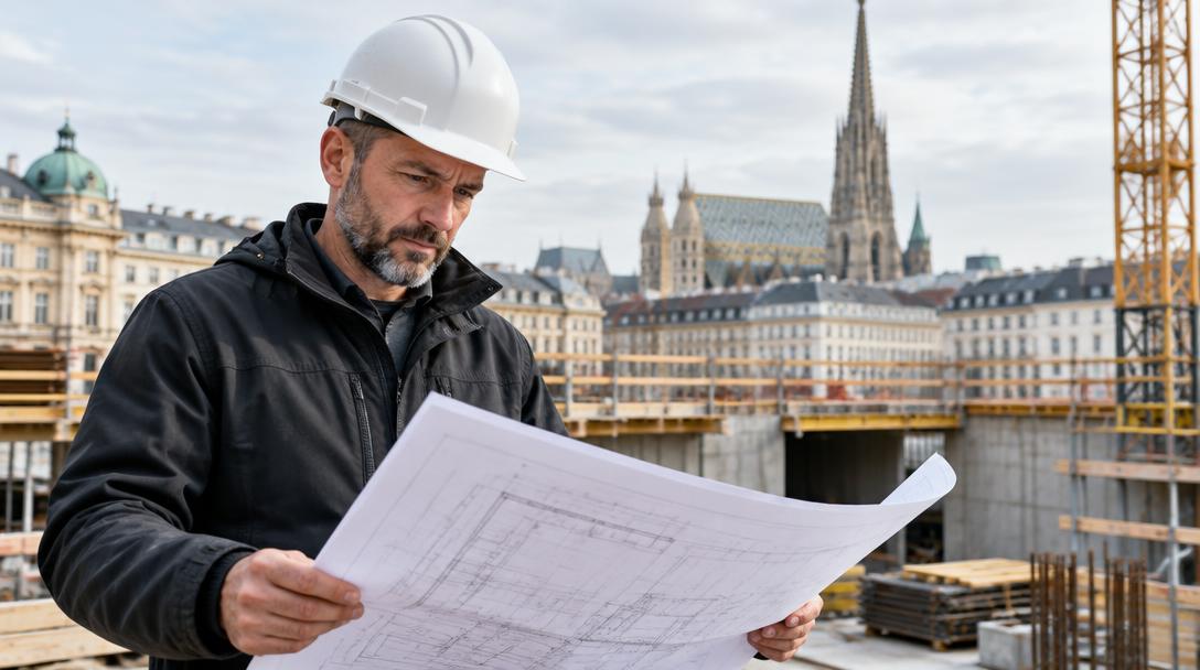 Baumeister mit weißem Helm studiert Baupläne auf einer Wiener Baustelle