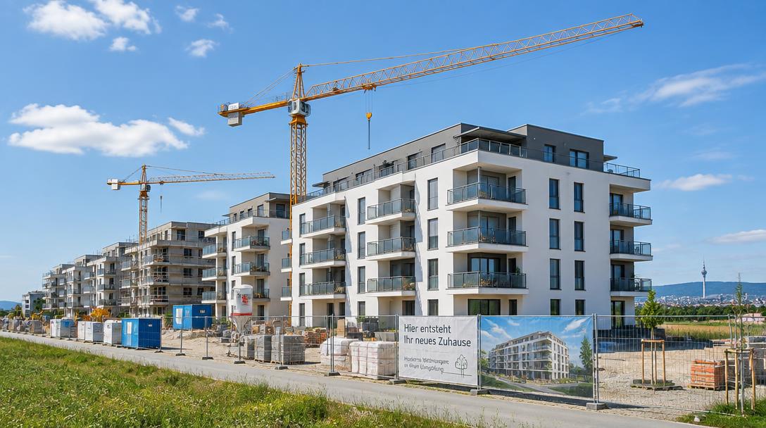 Neue Wohnhausanlage mit Baukränen am Stadtrand von Wien