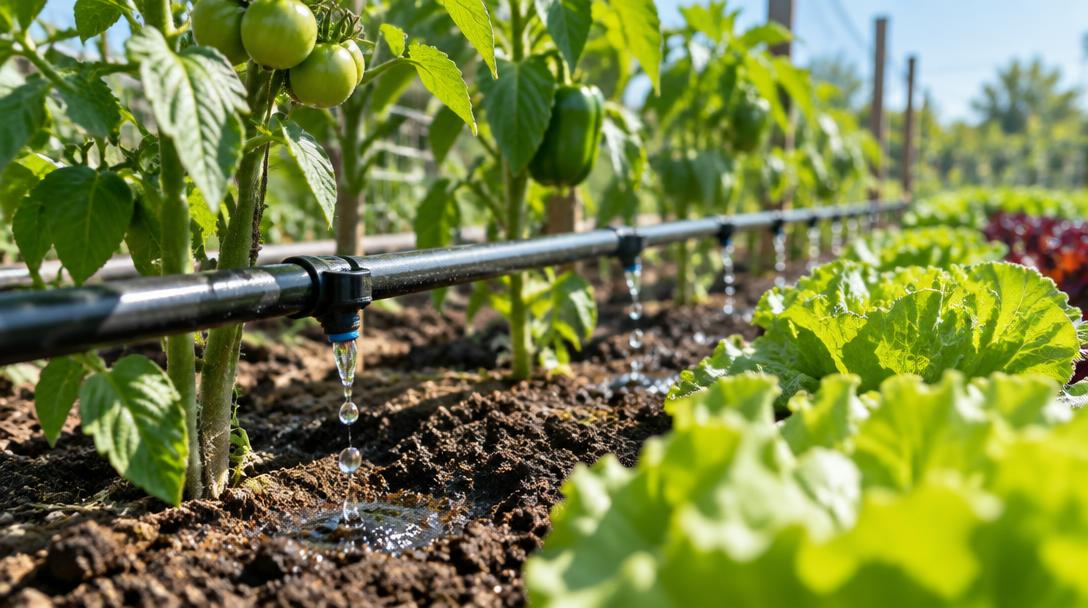 Tropfbewässerung wässert Gemüsebeete im sonnigen Garten