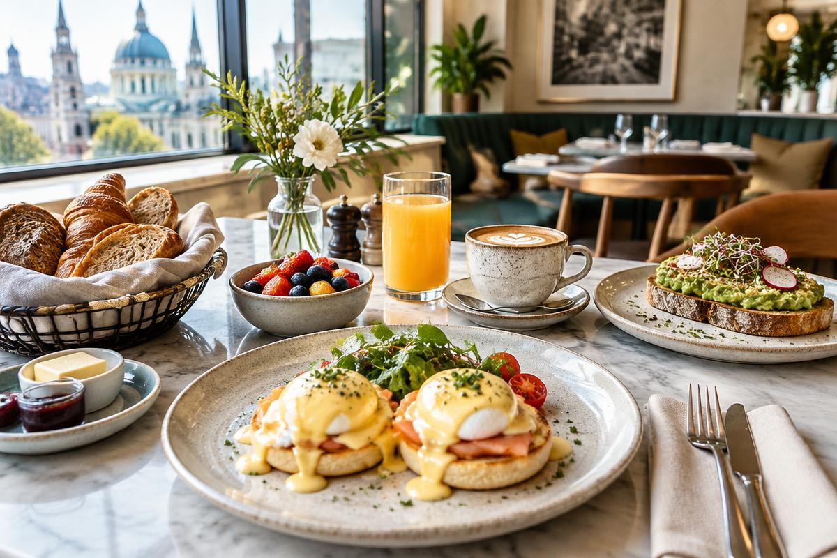 Gedeckter Brunch-Tisch in einem Wiener Lokal mit Eierspeisen, Kaffee und frischem Gebäck