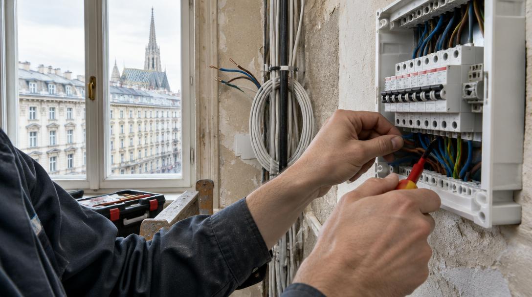 Elektriker verdrahtet einen neuen Sicherungskasten in einer Wiener Altbauwohnung