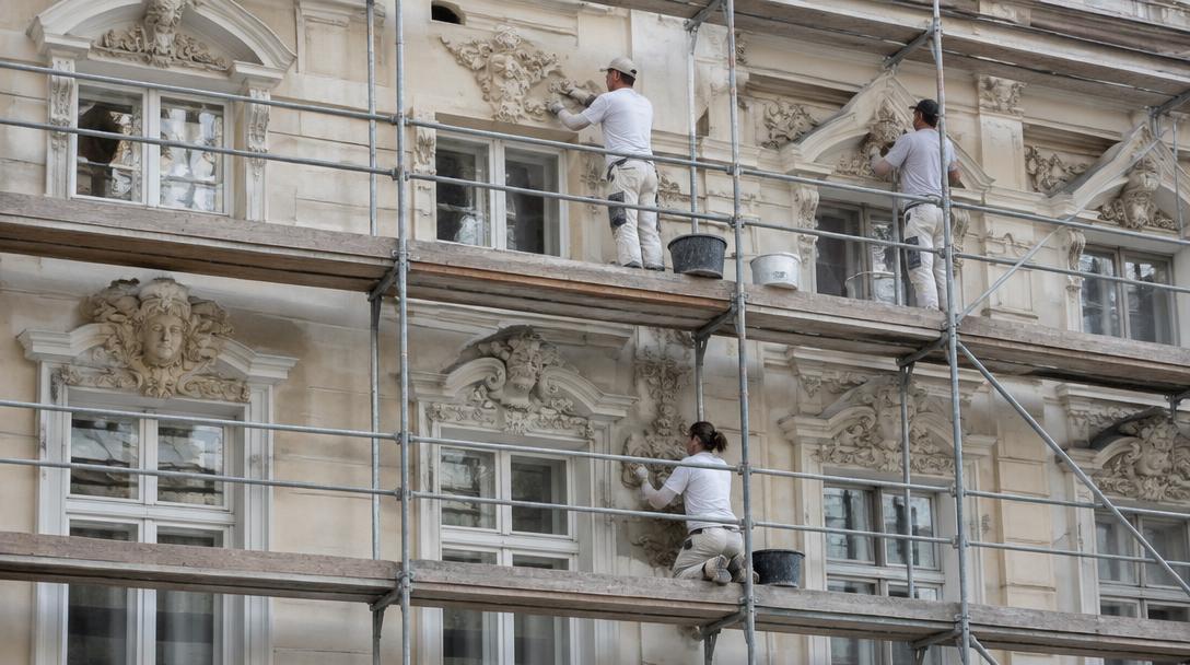 Gerüst vor einer historischen Wiener Fassade, Handwerker restaurieren Stuck