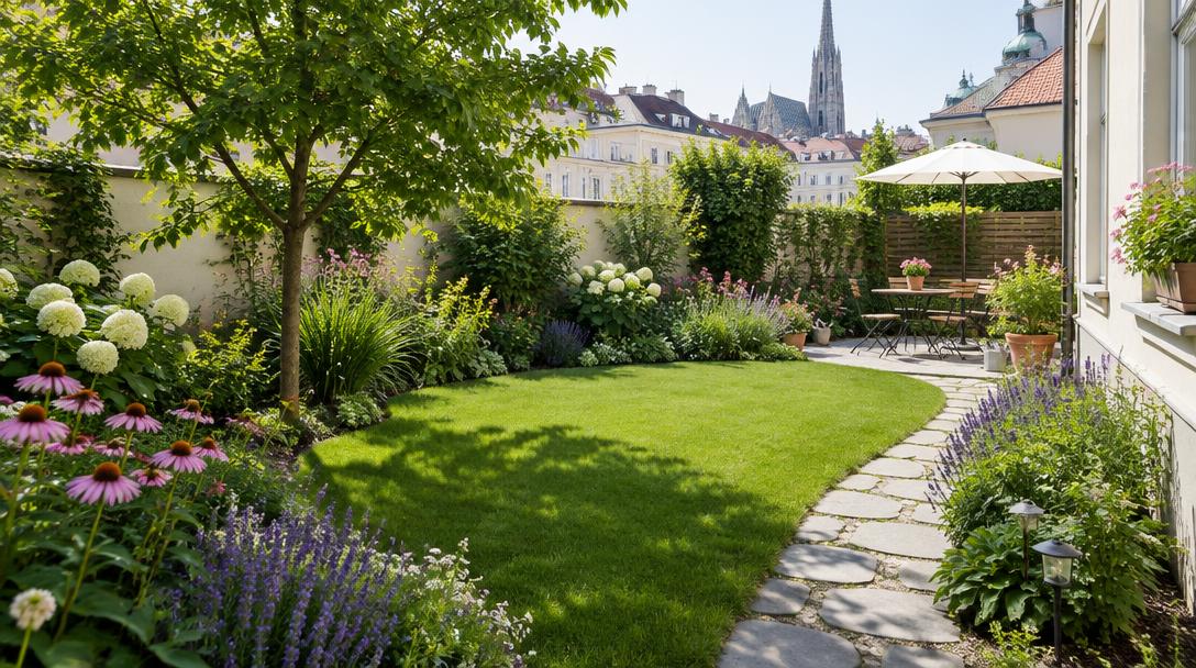 Liebevoll gestalteter kleiner Stadtgarten mit Rasen, Stauden und Steinweg