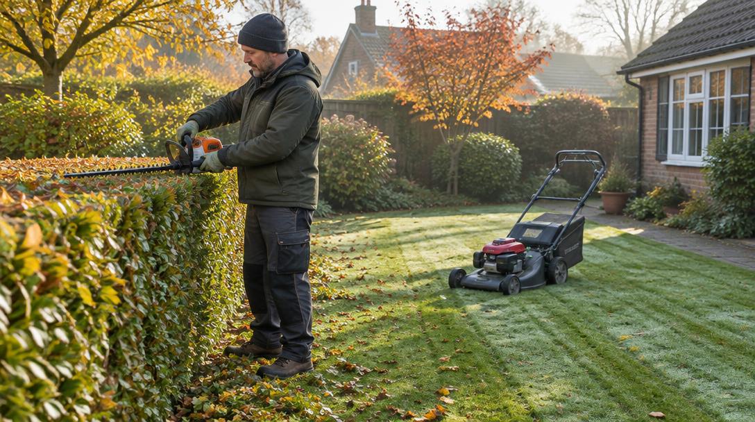 Gärtner schneidet eine Hecke, daneben ein Rasenmäher im herbstlichen Garten