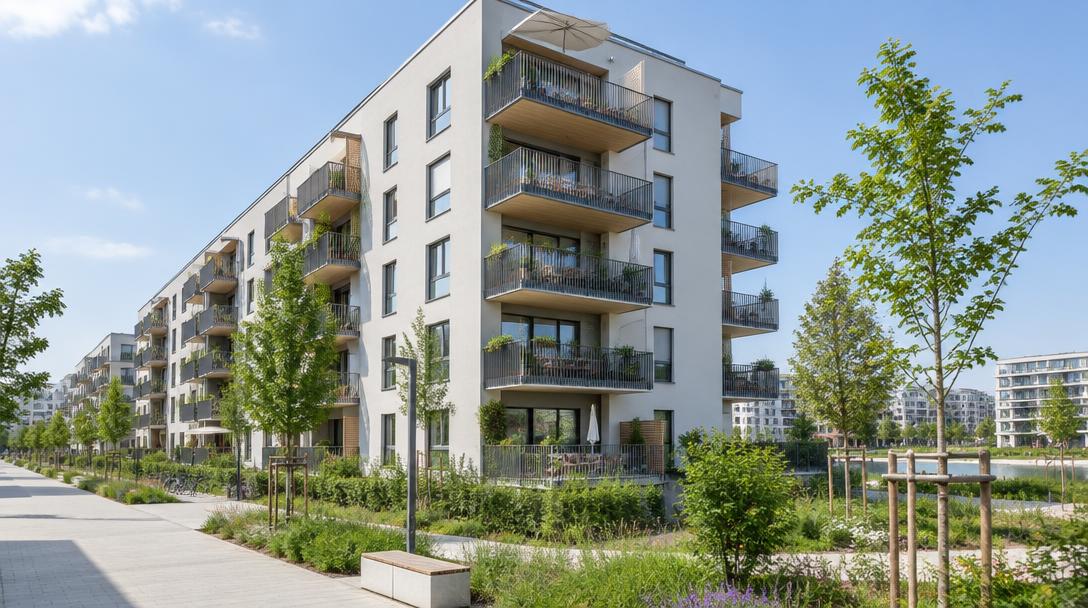Moderne geförderte Wohnhausanlage mit Balkonen und Grünflächen in Wien