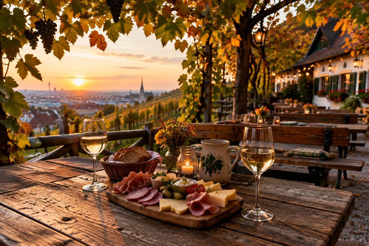 Heurigengarten in Wien mit Wein, Brettljause und Blick über die Stadt im Herbst