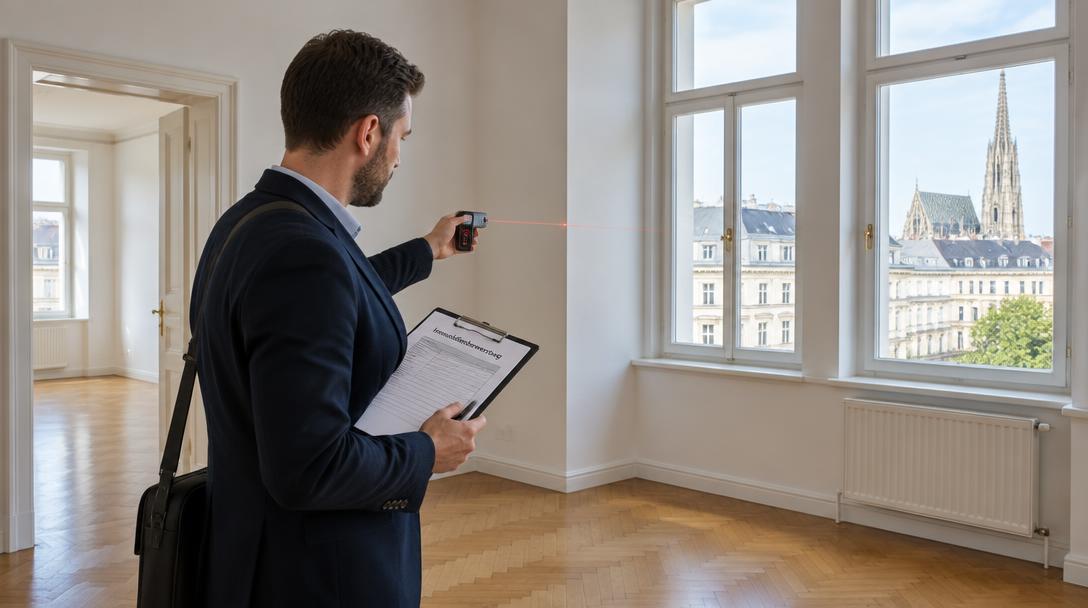Gutachter misst mit einem Laser-Entfernungsmesser eine leere Wiener Wohnung aus