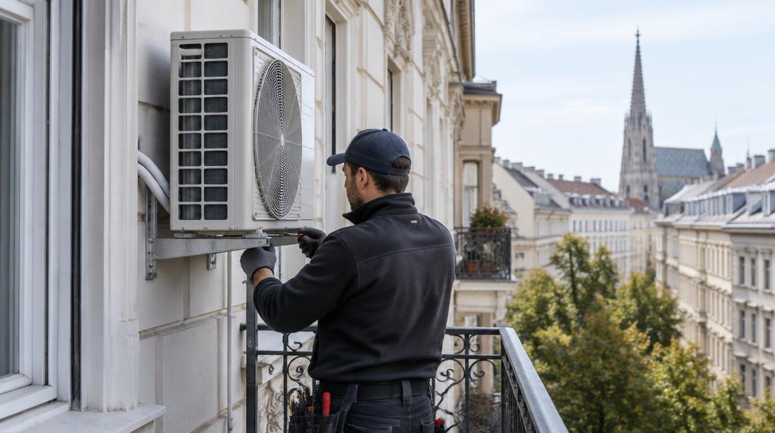 Techniker montiert ein Klima-Außengerät auf einem Balkon in Wien