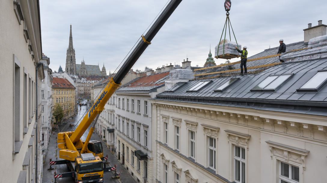 Autokran hebt Baumaterial auf ein Dach in einer engen Wiener Gasse