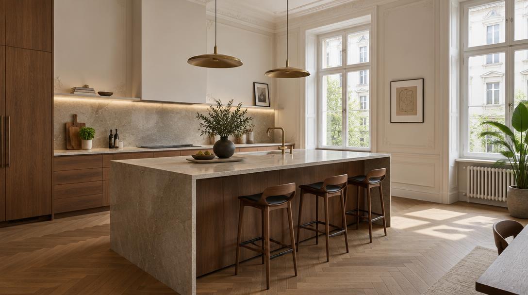 Elegante Küche mit Kochinsel in einer hellen Wiener Altbauwohnung