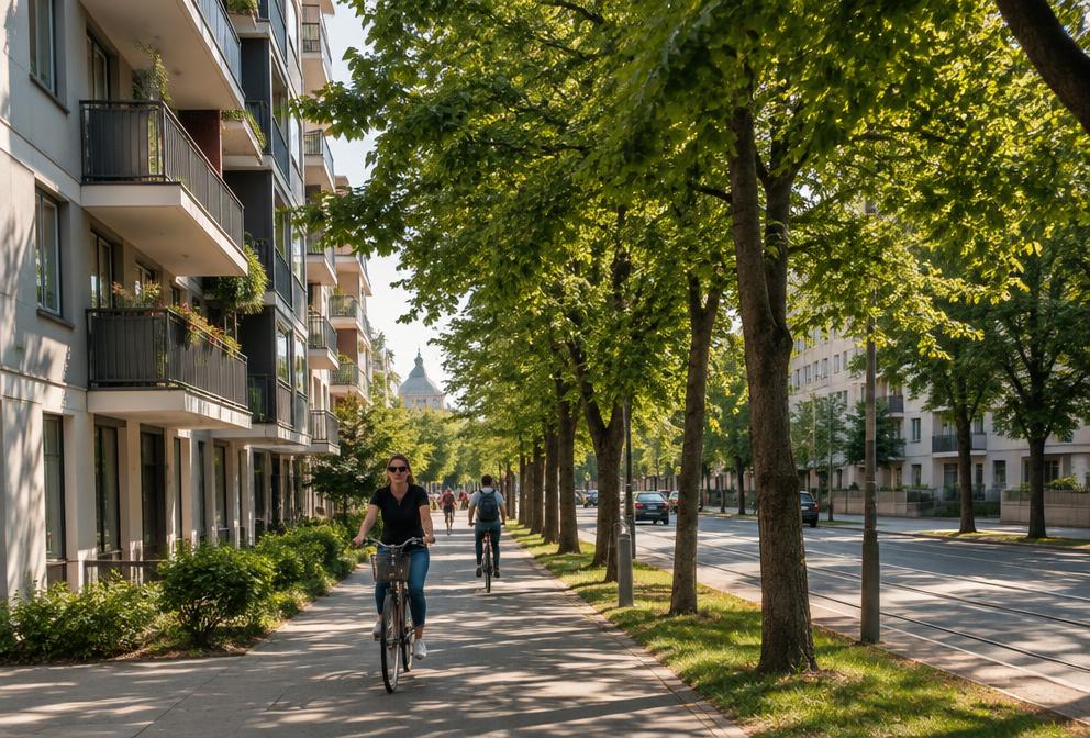 Baumgesäumter Radweg im Wiener Nordbahnviertel
