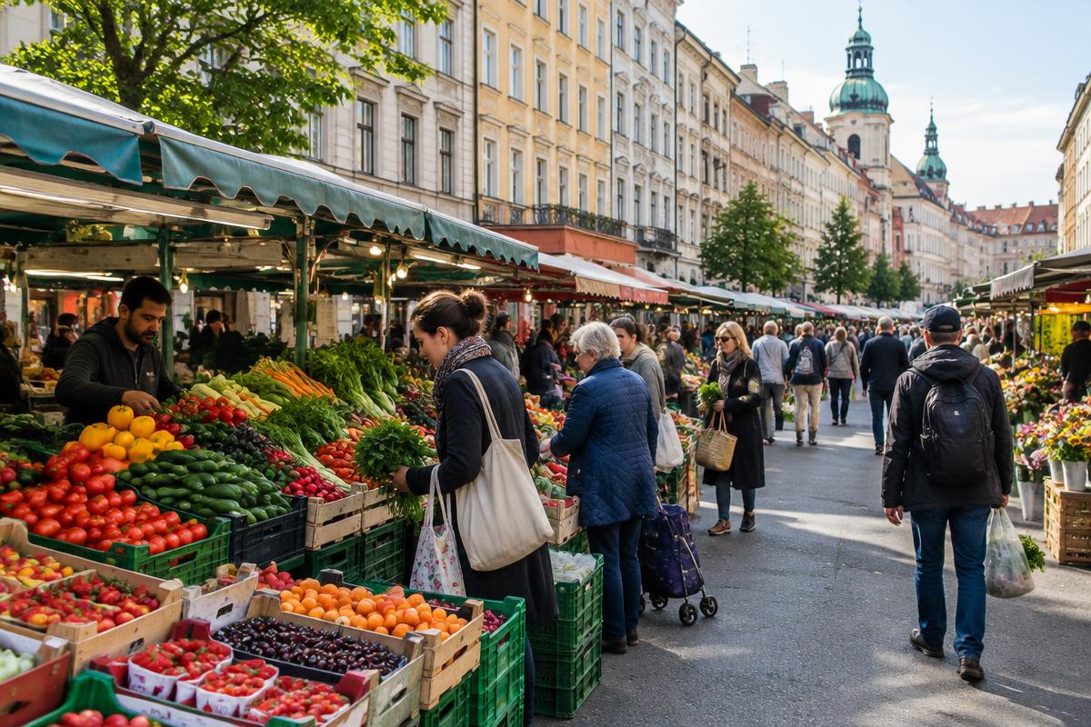 Obst- und Gemüsestände auf einem Wiener Markt mit Besucherinnen und Besuchern