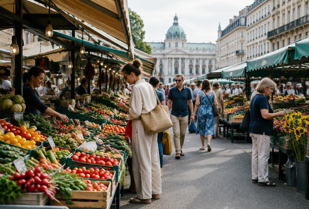 Marktstände und Besucher am Wiener Naschmarkt