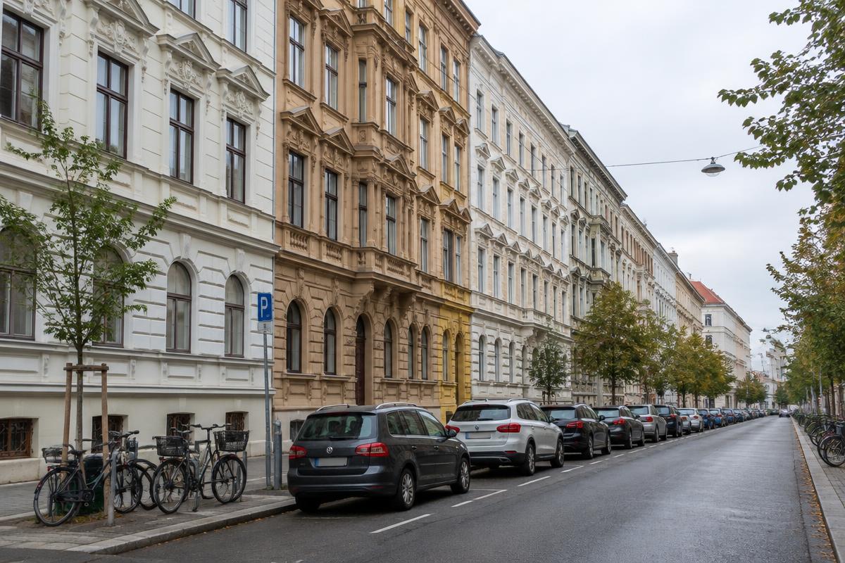 Geparkte Autos entlang einer Wiener Gründerzeitstraße mit Parkschein-Automat