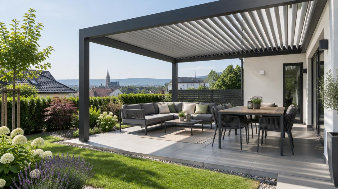 Moderne Aluminium-Lamellenpergola über einer Terrasse mit Gartenmöbeln