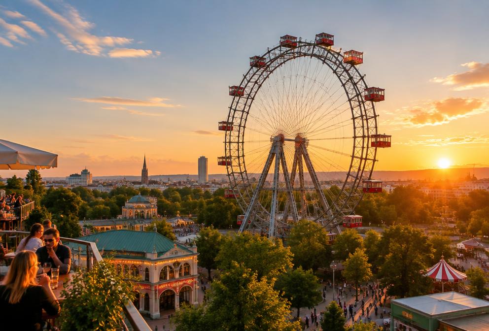 Wiener Riesenrad im Prater bei Sonnenuntergang