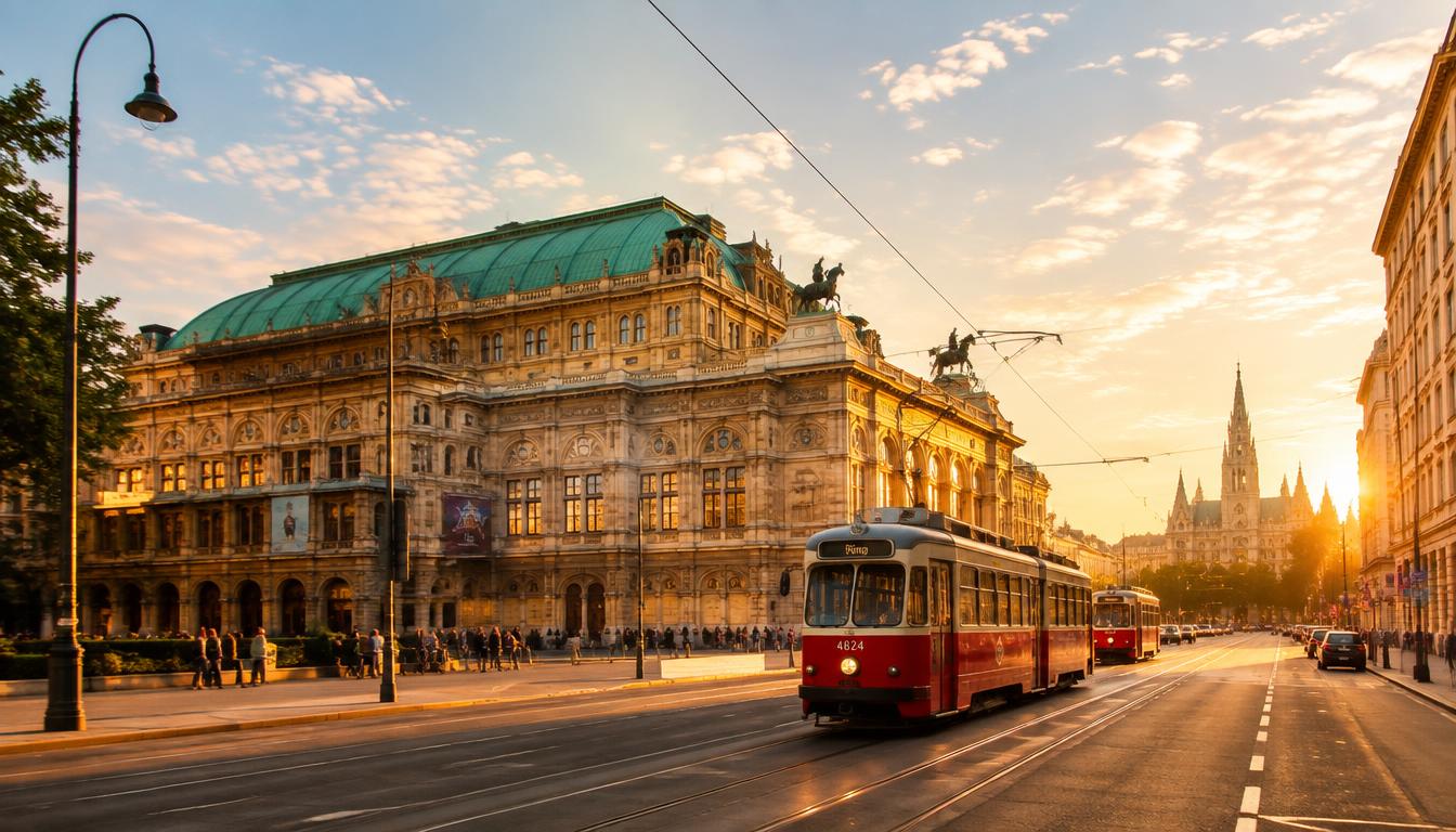 Wiener Staatsoper an der Ringstraße mit roter Straßenbahn im Abendlicht