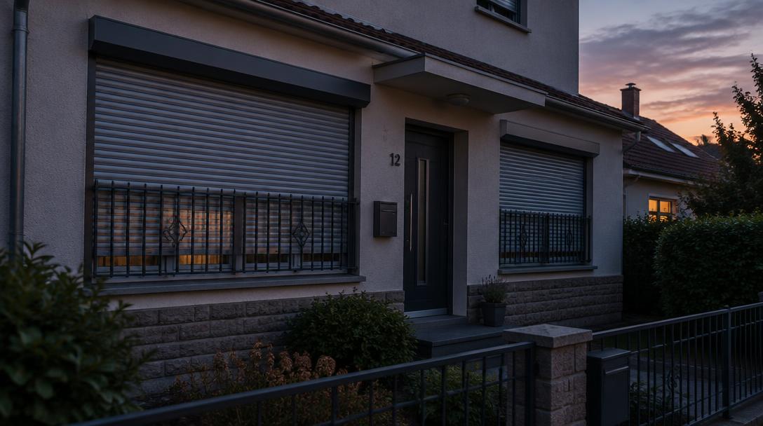 Geschlossene Rollläden und Metallgitter an Erdgeschoßfenstern eines Hauses bei Dämmerung