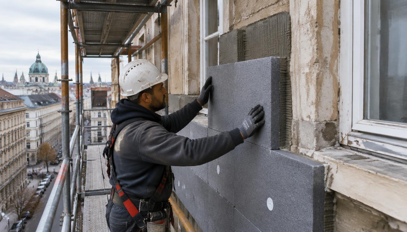 Handwerker bringt Fassadendämmung an einem Wiener Altbau an