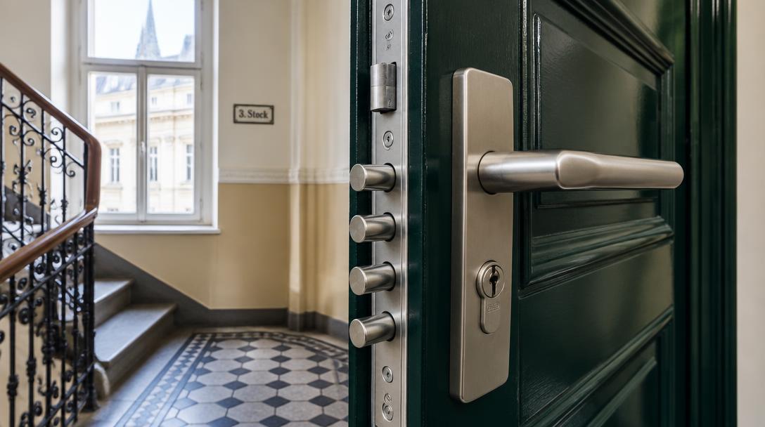 Sicherheitstür mit Mehrfachverriegelung in einem Wiener Stiegenhaus