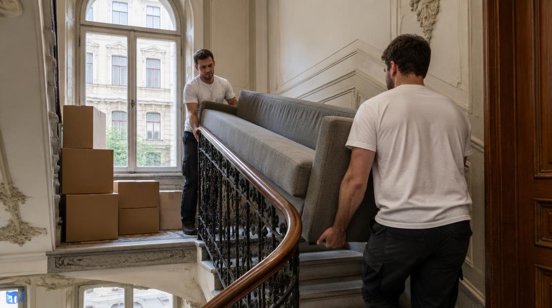 Zwei Männer tragen ein Sofa durch das Stiegenhaus eines Wiener Gründerzeithauses