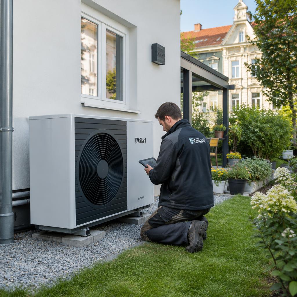 Techniker prüft eine Luft-Wasser-Wärmepumpe im Garten eines Wiener Wohnhauses