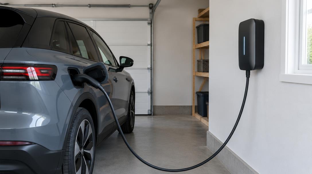 Elektroauto lädt an einer Wallbox in einer Garage