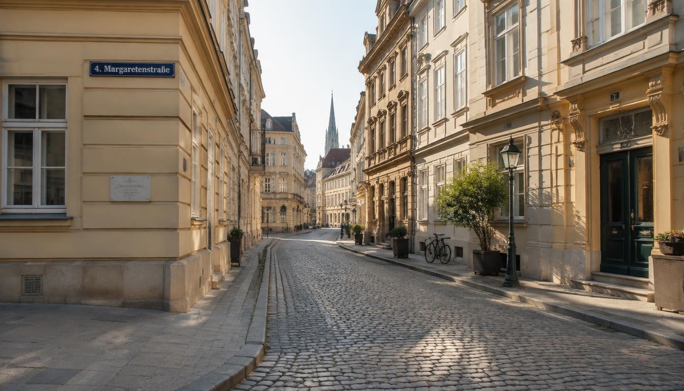 Kopfsteingepflasterte Gasse mit Biedermeier-Fassaden in Wien