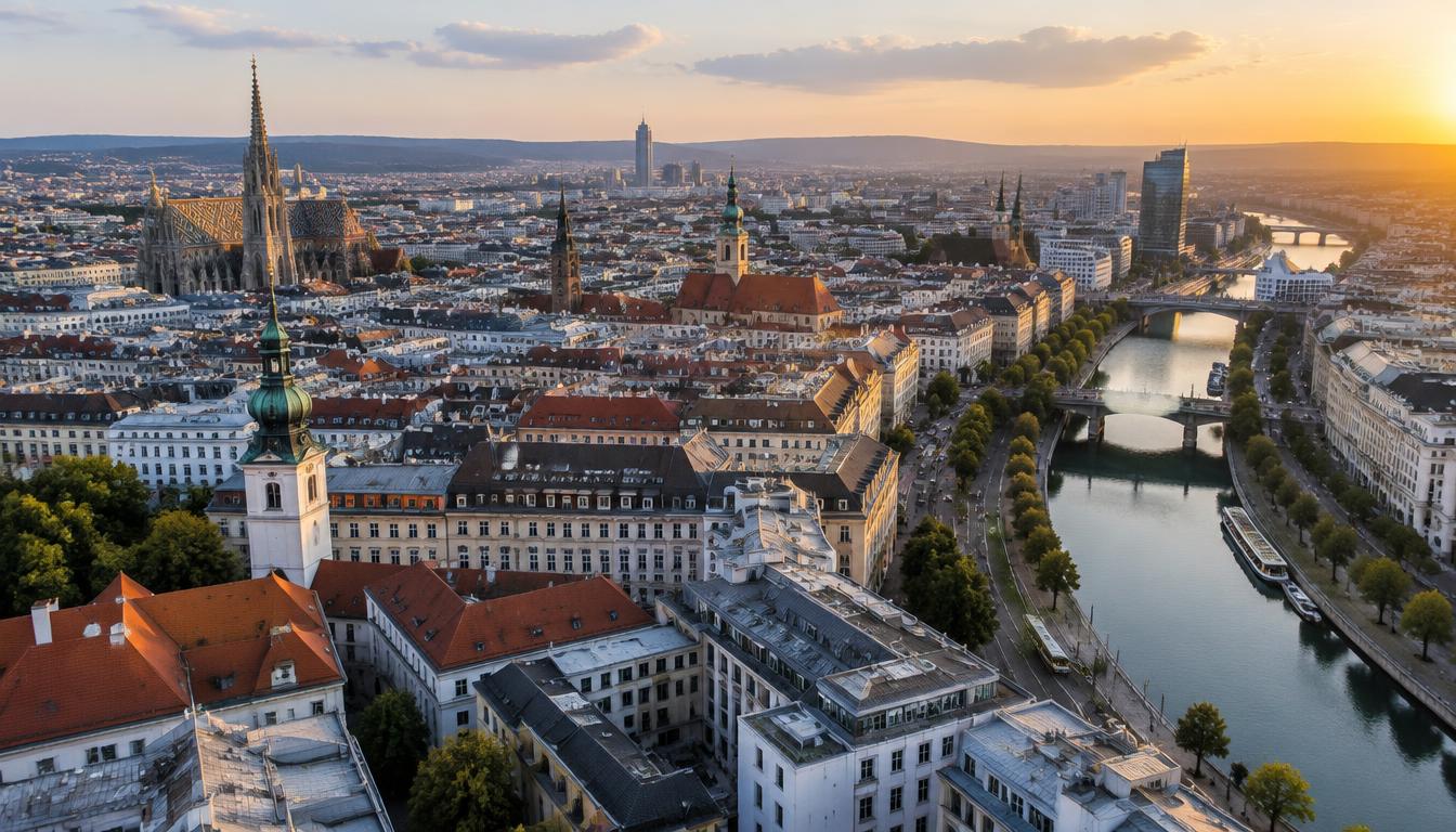 Blick über die Dächer mehrerer Wiener Bezirke mit Donaukanal bei Sonnenuntergang