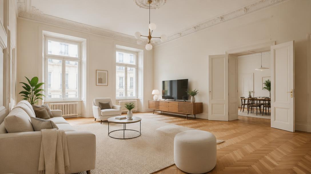 Helles Wohnzimmer einer renovierten Wiener Altbauwohnung mit Fischgrätparkett